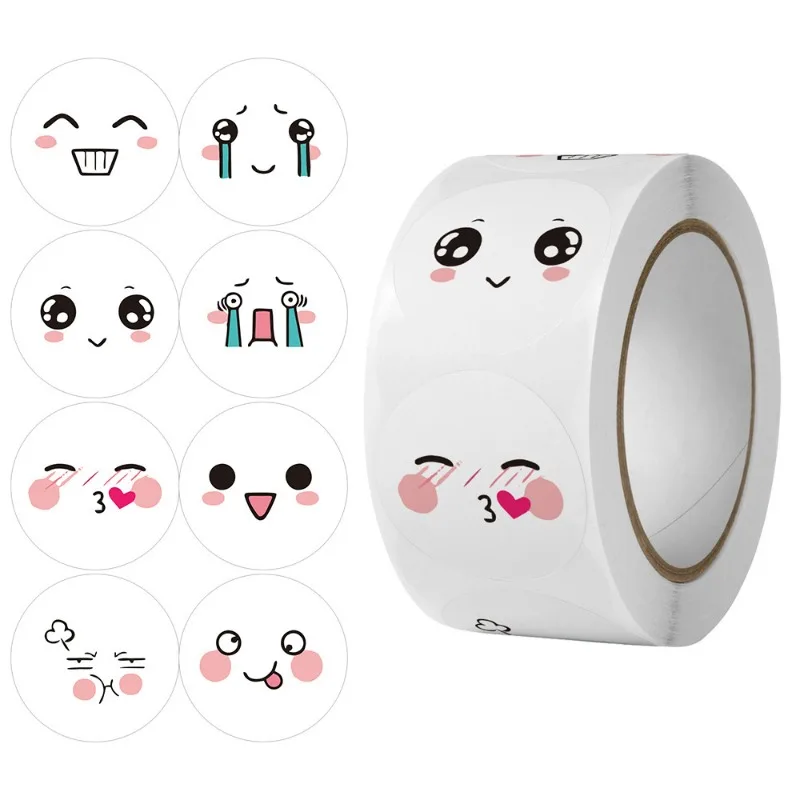 500Pcs/Roll Cartoon Funny Facial Expression Stickers, 8 Styles Cute Mood Face Reward Labels for Decor