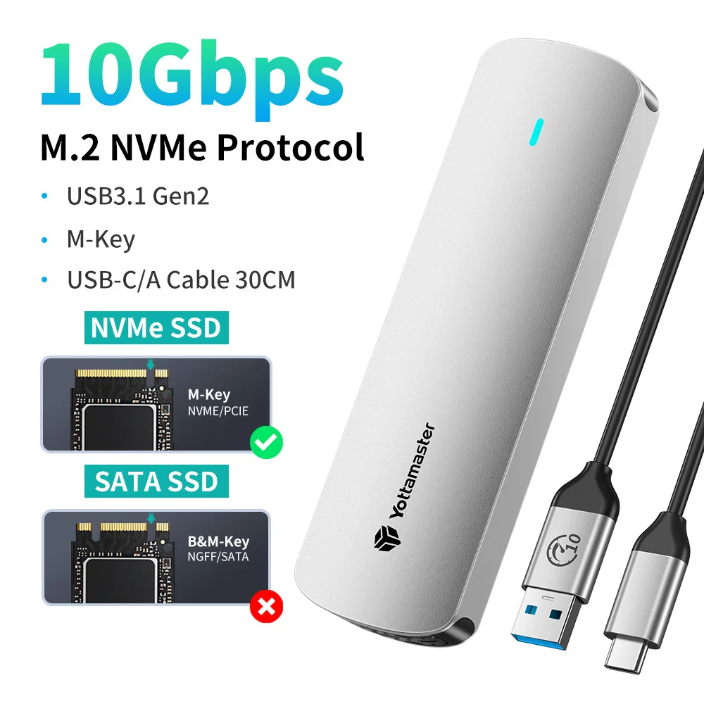 Yottamaster SATA M.2 NVMe SSD-Gehäuse Dual-Protokoll NVMe zu USB Adapter USB 3.1 Gen2 USB-C Externes Gehäuse Aluminiumlegierung