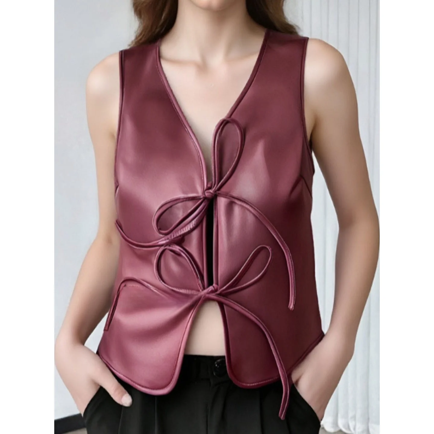 

Women's Svel PU Leather Vest Tied Top Faionable Versatile Small Tank Top Spring 2026 Other Fabric No Brand