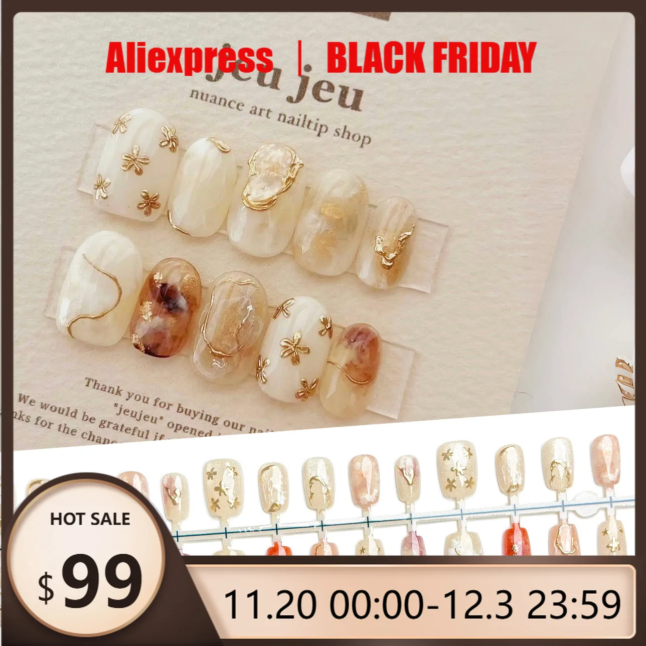 

10Pcs Handmade Nail Collection Gold-Leaf Floral Designs with Subtle Gradient and Fine Glitter Press-On Nails Perfect for Girls