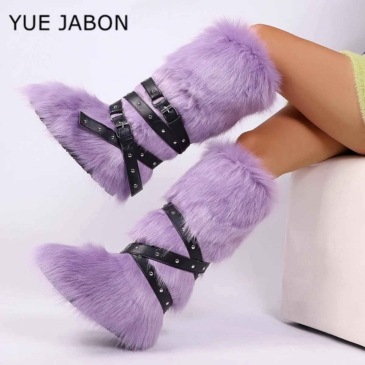 فو الفراء حزام مشبك الأشرطة الثلوج الأحذية جولة تو الصلبة برشام الانزلاق على الارتفاع زيادة الركبة أحذية عالية 2026 جديد النساء أحذية دافئة #4