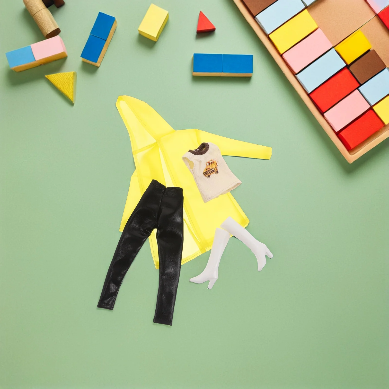 ชุดเสื้อกันฝน 1 ชุด ขนาด 11 นิ้ว สีเหลือง พร้อมฮู้ด เสื้อกั๊ก กางเกง รองเท้าบูท สำหรับตุ๊กตาหมีน้อย ตกแต่งบ้านตุ๊กตา เล่นบทบาทสมมติ