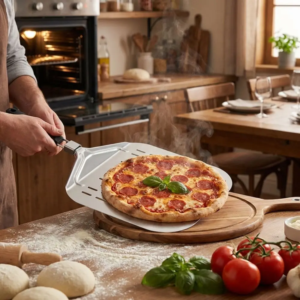 Metal Non-Stick Pizza Shovel Long Handle Folding Pizza Peel Locking Feature Easy Glide Pizza Transfer Tray Kitchen Oven Tools