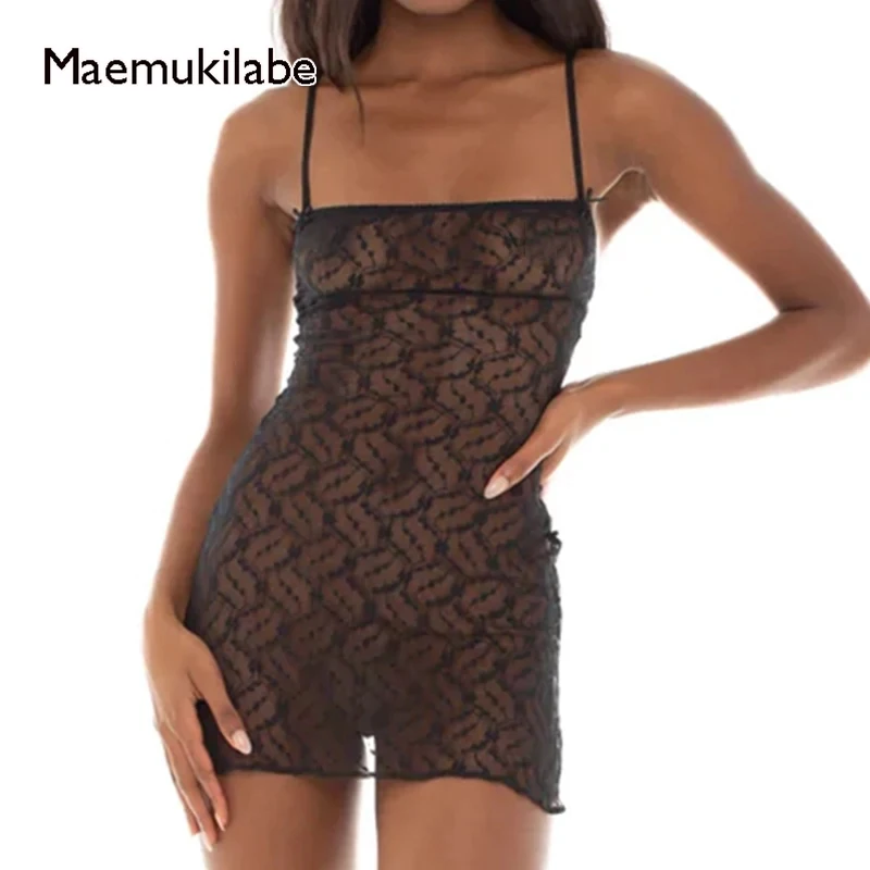 Maemukilabe Coquette Fairy Y2K Mesh Sheer Mini Dress Sexy See Through Spaghetti Strap Dresses Chic Women Vintage Boho Holiday