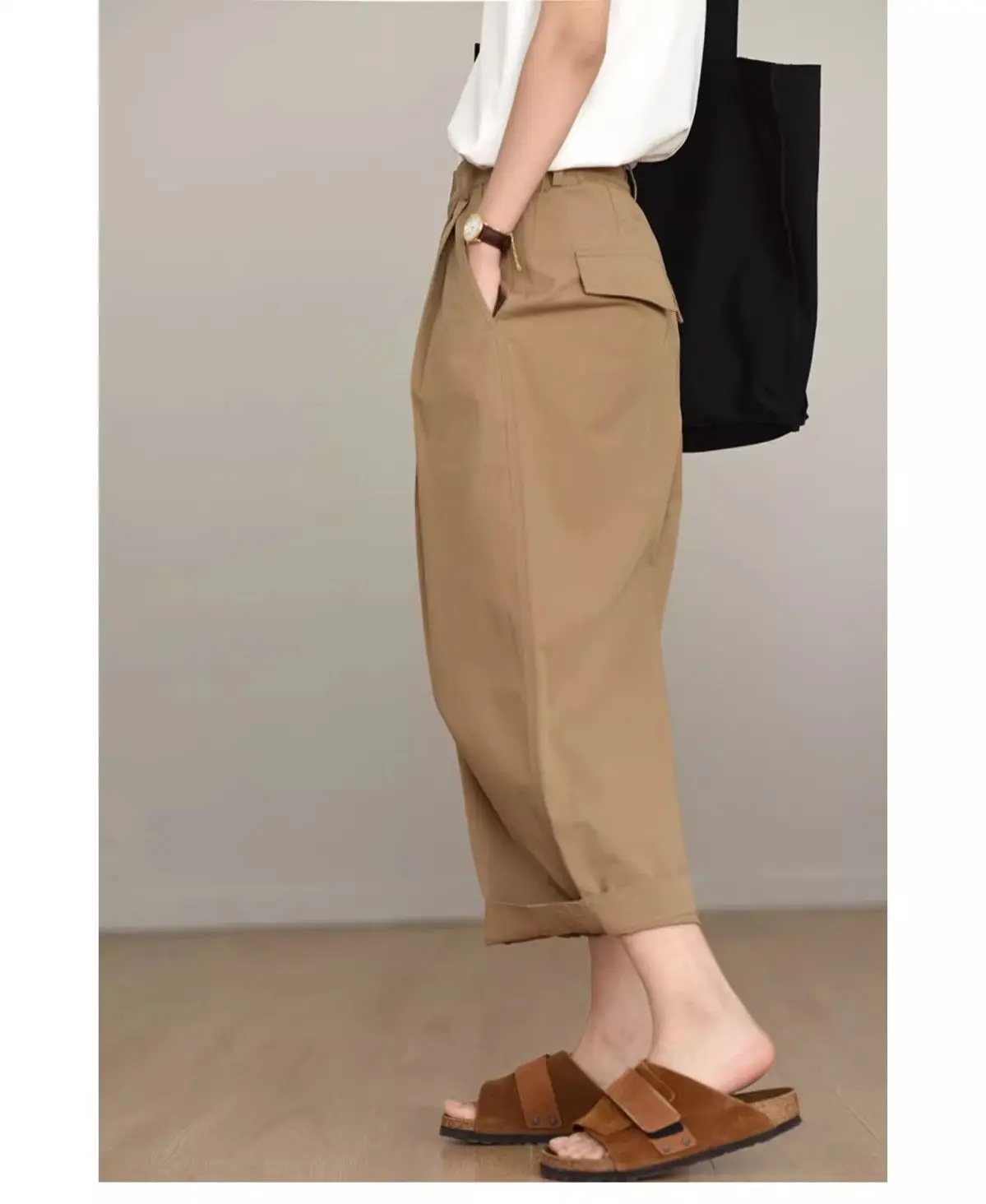 Calças de trabalho de perna larga femininas verão solto versátil calças casuais cintura alta nove centes calças