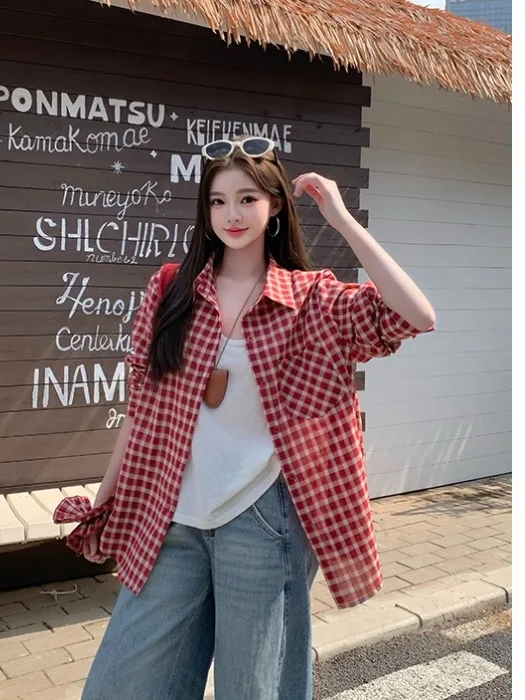 

plus Size Women's Casual Vintage American Plaid Short Sleeve Shirt Loose Fit Summer Top Trendy Commute Style Korean Loose Type