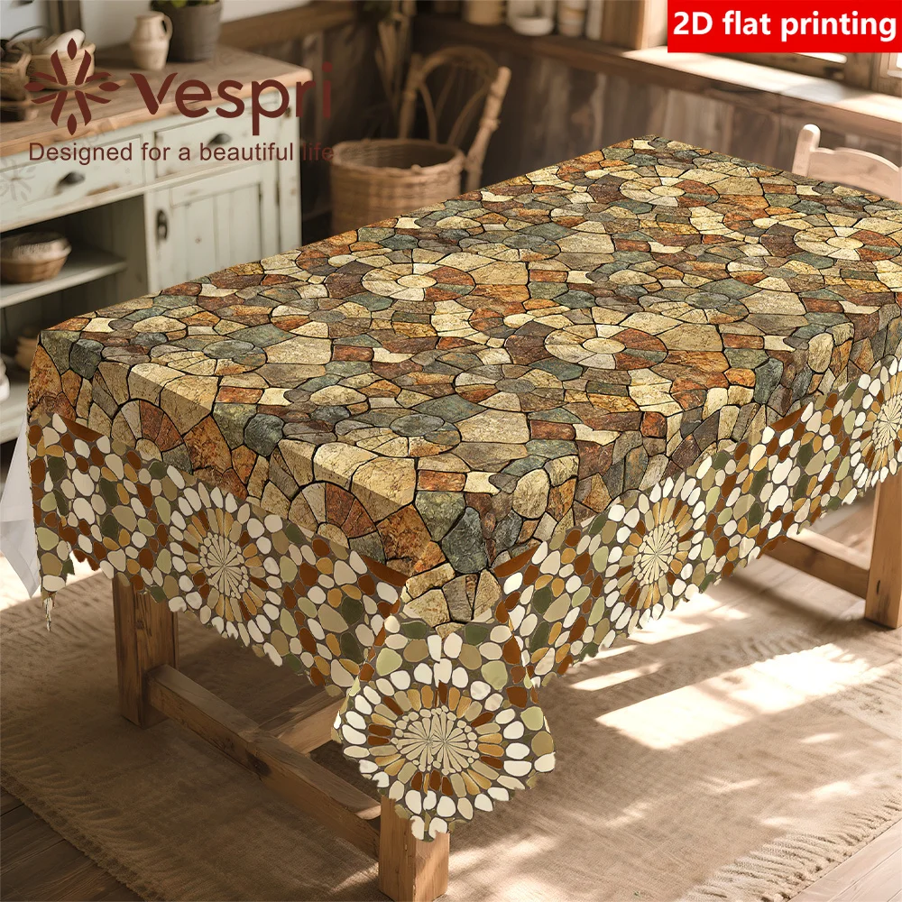 One marble tablecloth, brown and yellow decorations, stones and flowers, in a vintage style.