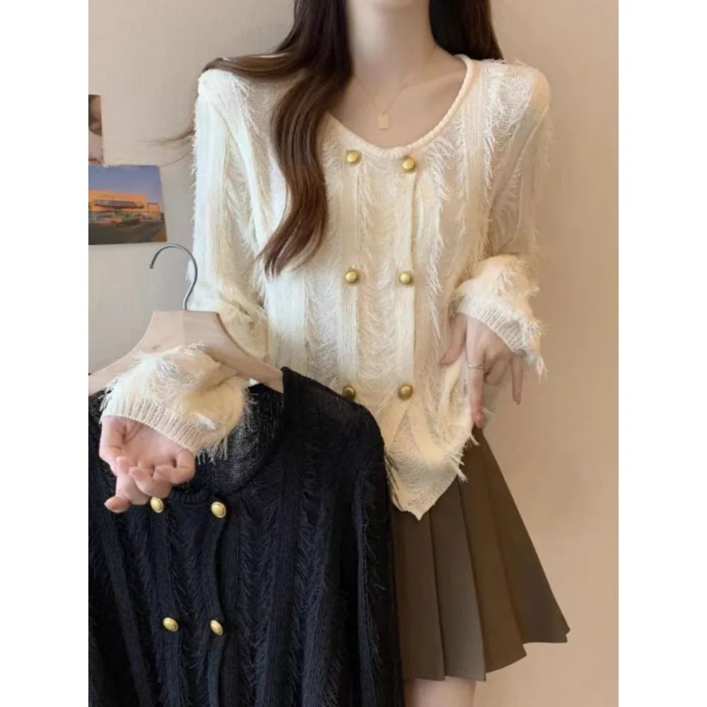 

New Round Neck Double-breasted Tassel Knitted Long-sleeved Cardigan Autumn Short Solid Color Versatile Casual Sweater Jacket