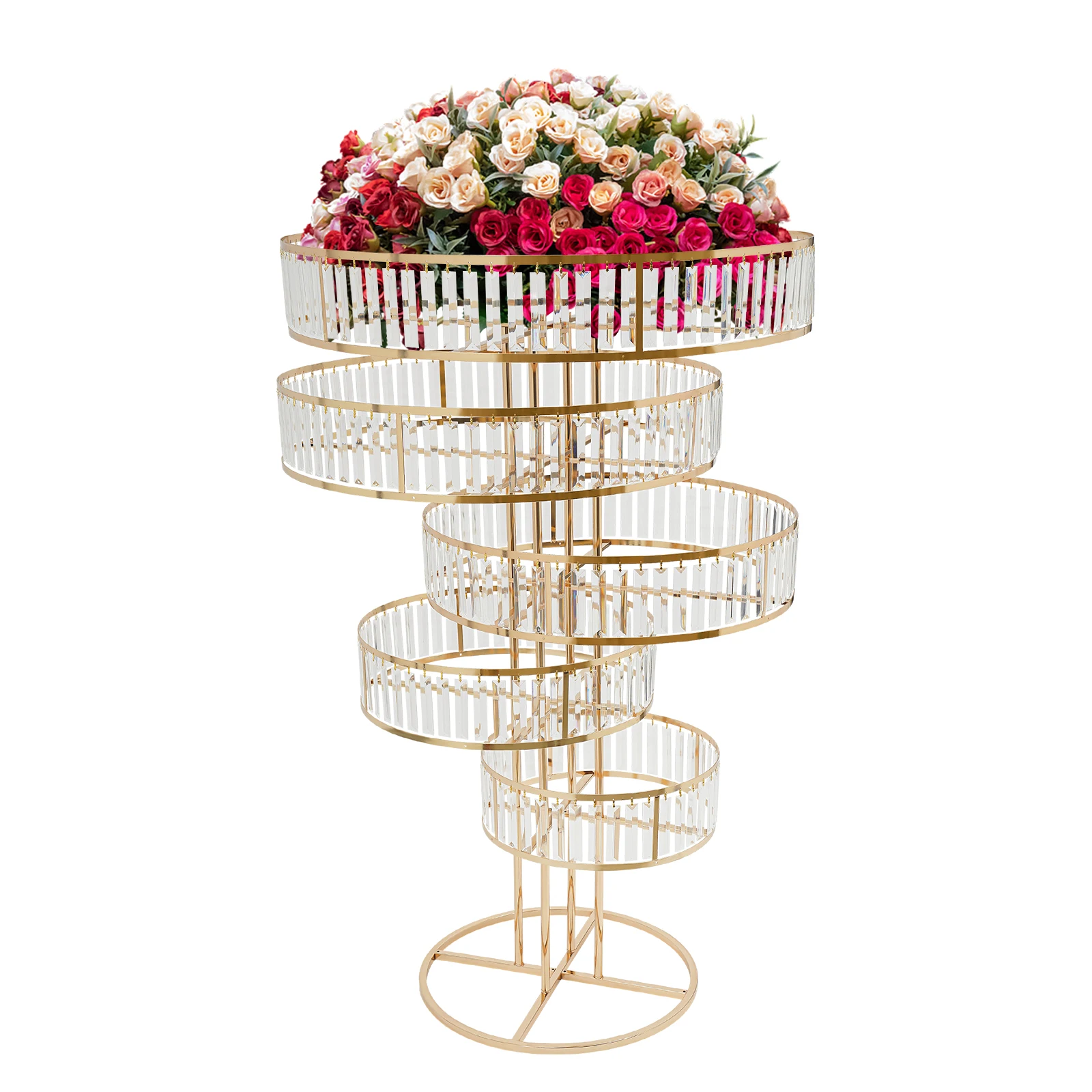 

Wedding Gold Vases Centerpieces Crystal Flower Stand w/ Hanging Crystals, 5 Tier Round Chandelier Pedestal Stand for Wedding