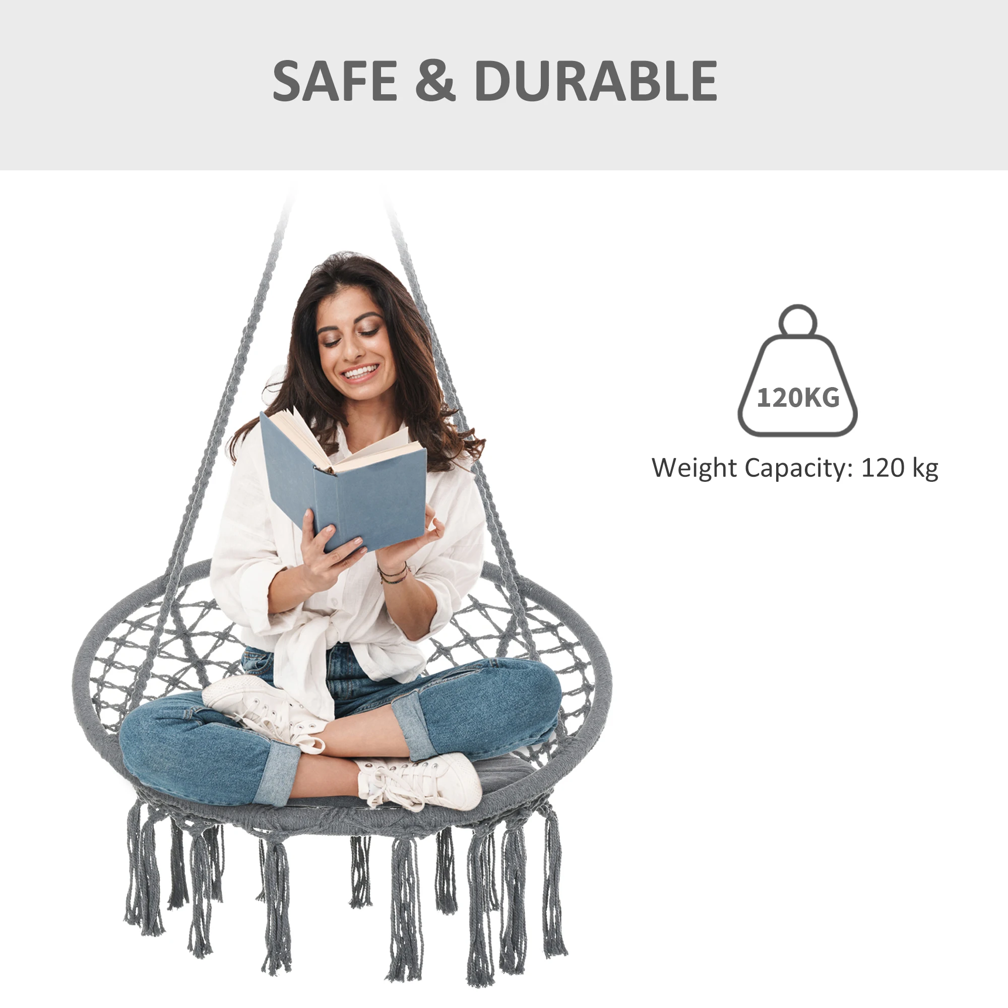 Outsunny Macrame Hanging Chair Swing Hammock for Indoor & Outdoor Use Grey
