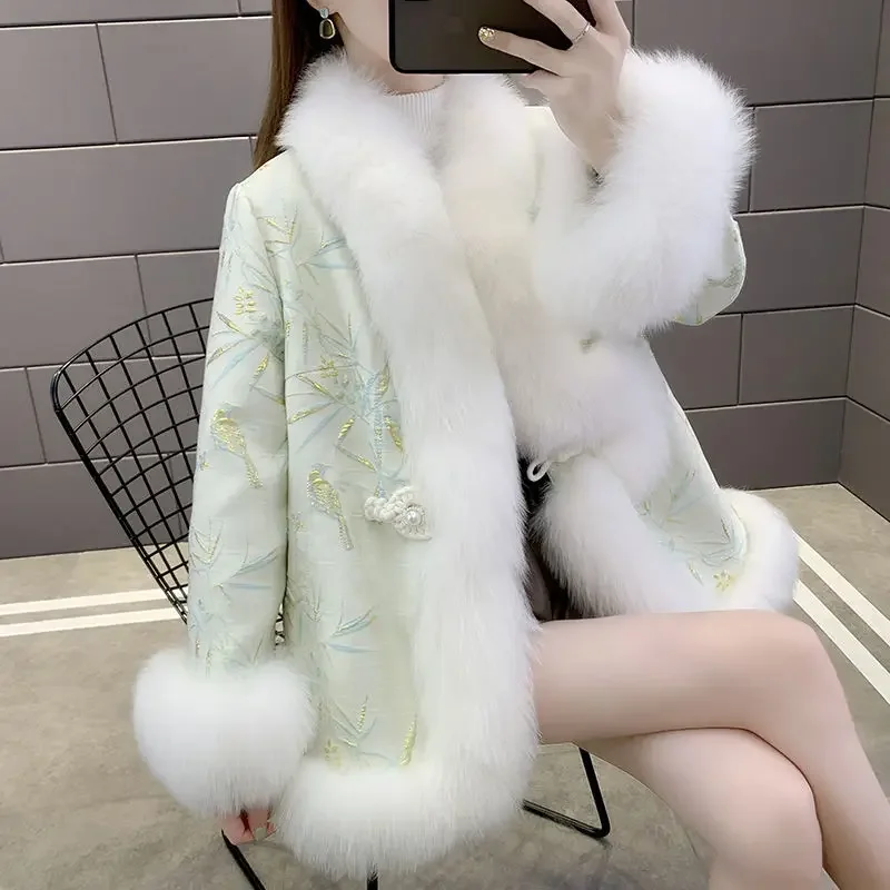 Autumn Winter Ethnic Style Cotton Padded Jacket for Women' New Style Imitation Fox Fur Coat Thick Insulation Casual Loose Jacket