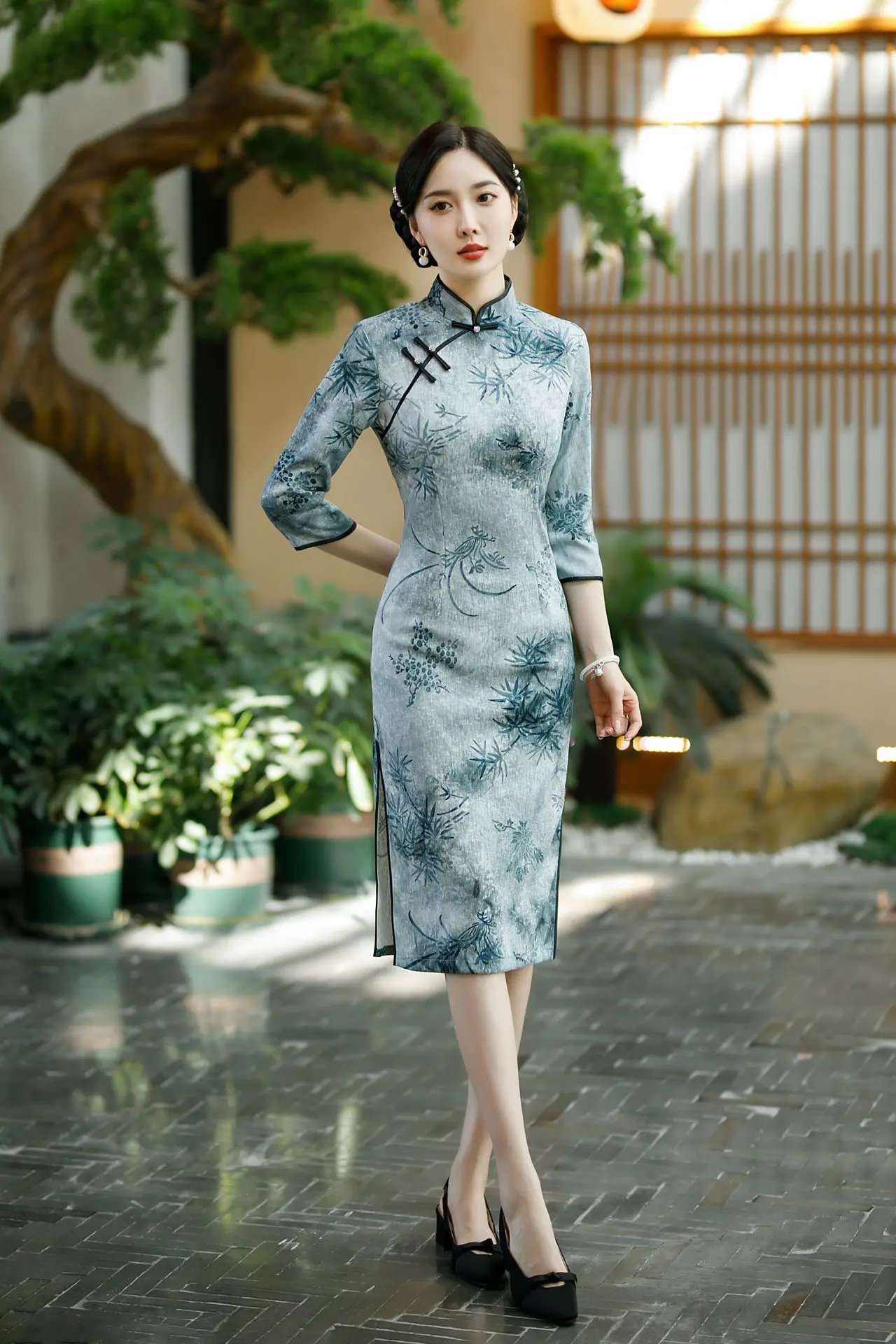 

Beige Black 3/4 Sleeve Mid Long Cheongsam Plus Size Elegant Traditional Evening Dresses New Chinese Style Vintage Dress Qipao