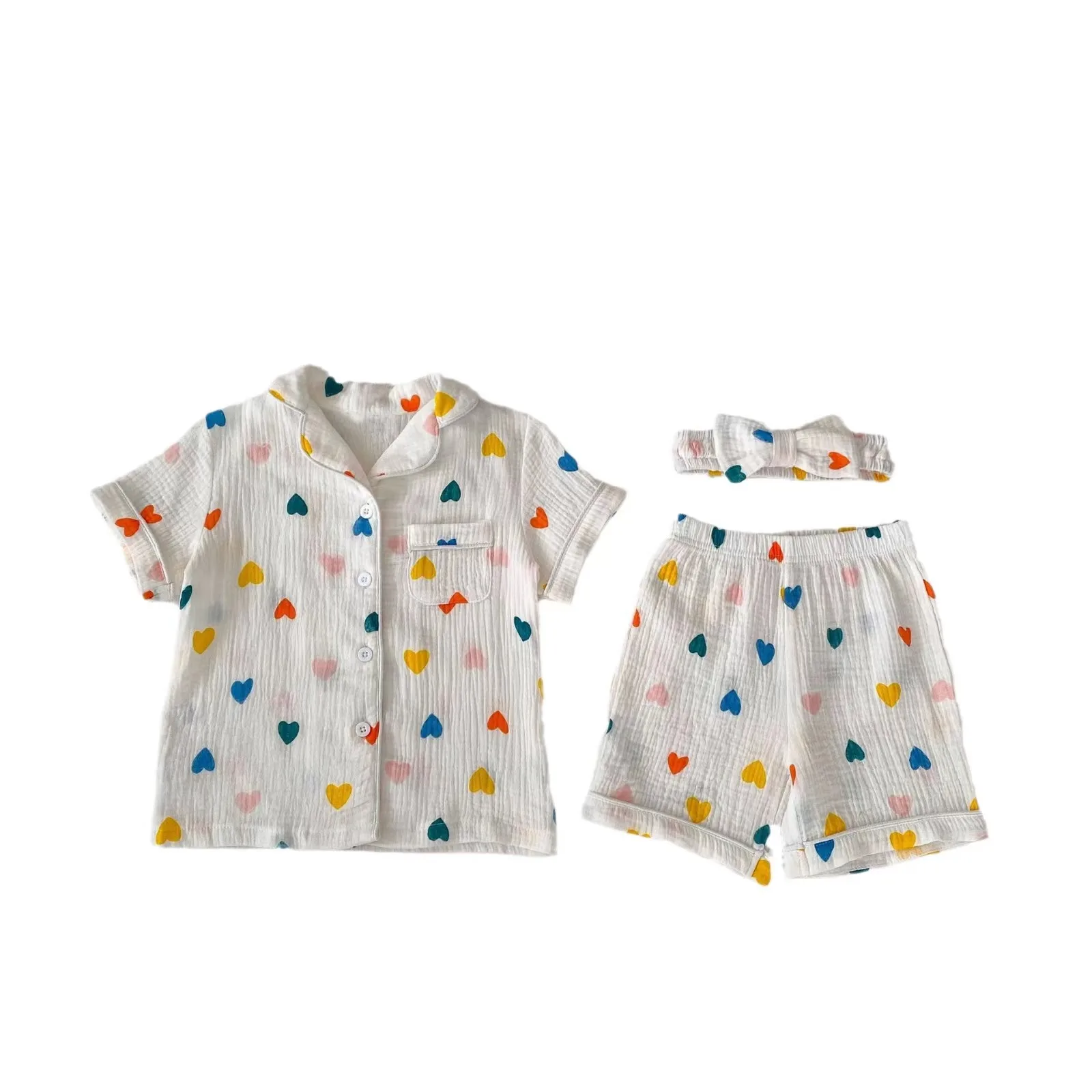 Ensemble trois pièces en coton double face pour parents et enfants, pyjama à manches courtes, bande de sauna, amour, mère, fille, été, 2024