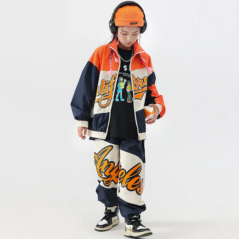 Hip Hop Costumes Girls Letter Print Patchwork Jacket Baseball Uniform Loose Casual Pants 2pcs Streetwear Jazz Dance Kpop Outfits