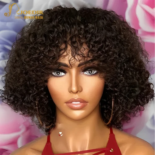 Joedir-pelucas de cabello humano 100% con flequillo para mujer, pelo corto de color Pixie Afro, rizado, Bob, con flequillo, brasileño, Remy, máquina completa