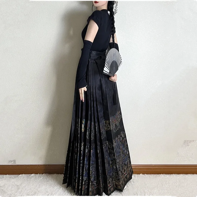 Saia plissada tradicional estilo chinês para mulheres, hanfu étnico preto, moda fina, saia longa com renda que combina com tudo, 2493