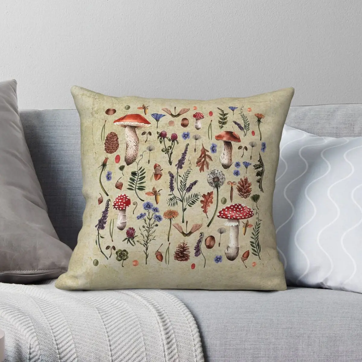 Retro Mushrooms Wildflowers Neutral Square Pillowcase Polyester Linen Velvet Printed Zip Decor Pillow Case Home Cushion Cover