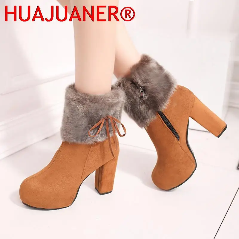 الشتاء أحذية حذاء نسائي بكعب عالٍ الأحذية الفراء أحذية دافئة أحذية الموضة للنساء الشتاء عالية الكعب سوبر مربع عالية الكعب 10 سنتيمتر #3