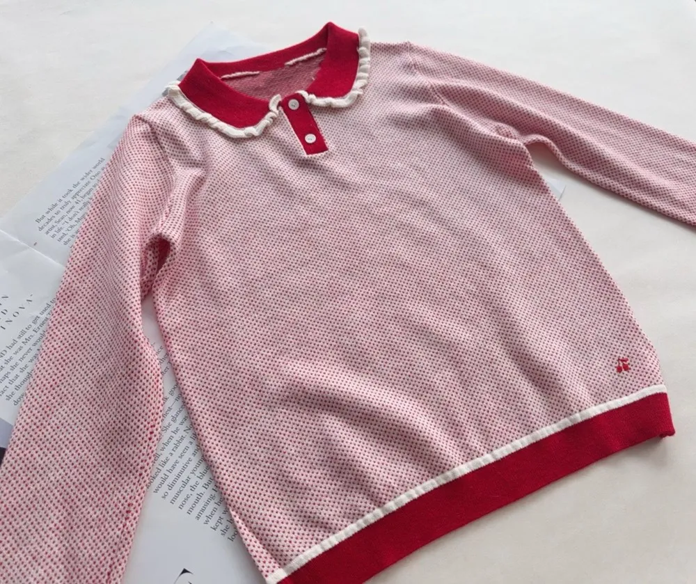 baby girl clothes kids sweaters baby tops Flip collar classic red and white striped knitted sweater