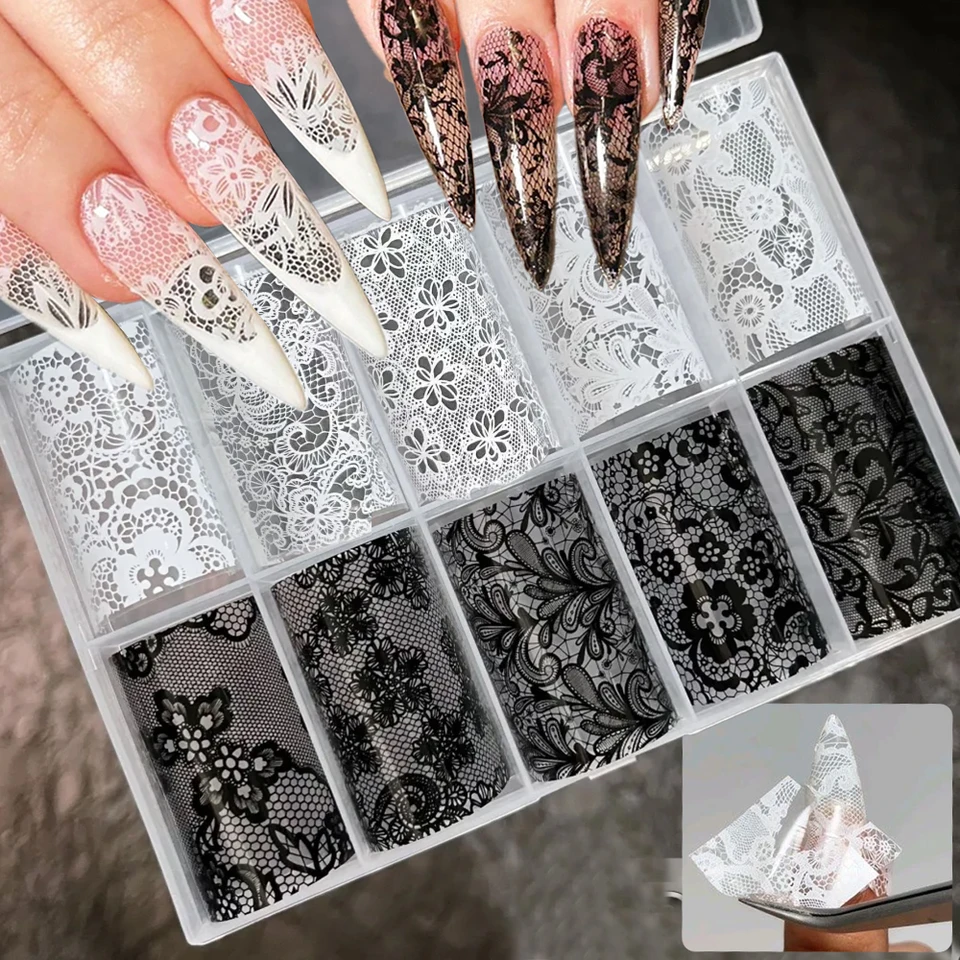 10 rollos de 4x50 cm de papel de transferencia de encaje blanco y negro para uñas, calcomanías de encaje sexy con flores, láminas de transferencia para manicura DIY