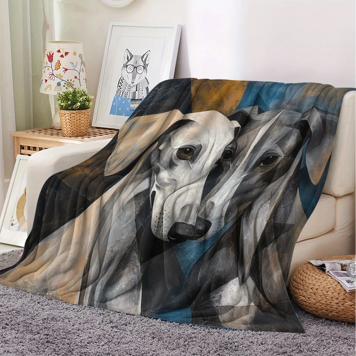 Retro Art Style Whippet Greyhound Portrait Blanket Geometric Textured Background Elegant Sighthound Dog Design Soft Flannel