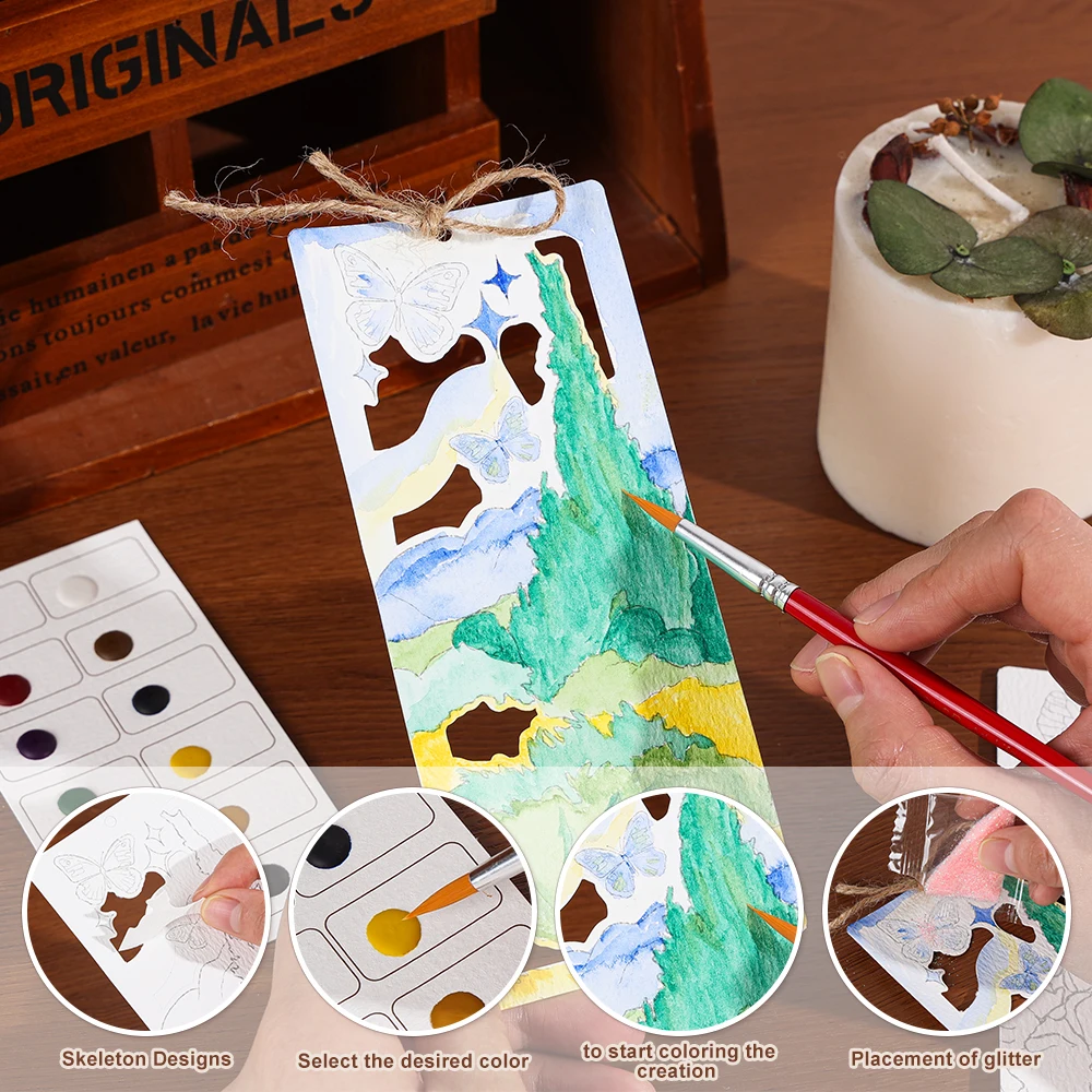 10 Pcs Van Gogh Painting Watercolor Bookmarks DIY Coloring Book Set with Floral Letter Designs for Back to School Birthday Gift view 5