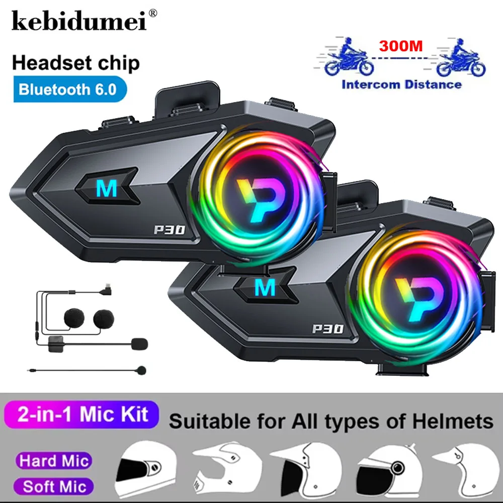 1/2pcs BT6.0 Motorcycle Helmet Intercom 300M Intercomunicador Moto Walkie Talkie 1000Mah Music Share Interphone Wireless Headset