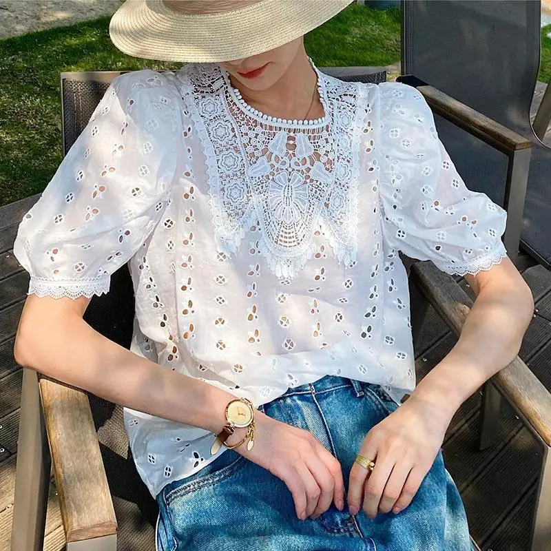 MIMIBIANCHE Damska Bluzka z Haftem, Krótki Rękaw, Letnia/Wiosenna, Biała, Okrągły Dekolt, Bufiaste Rękawy, Poliester