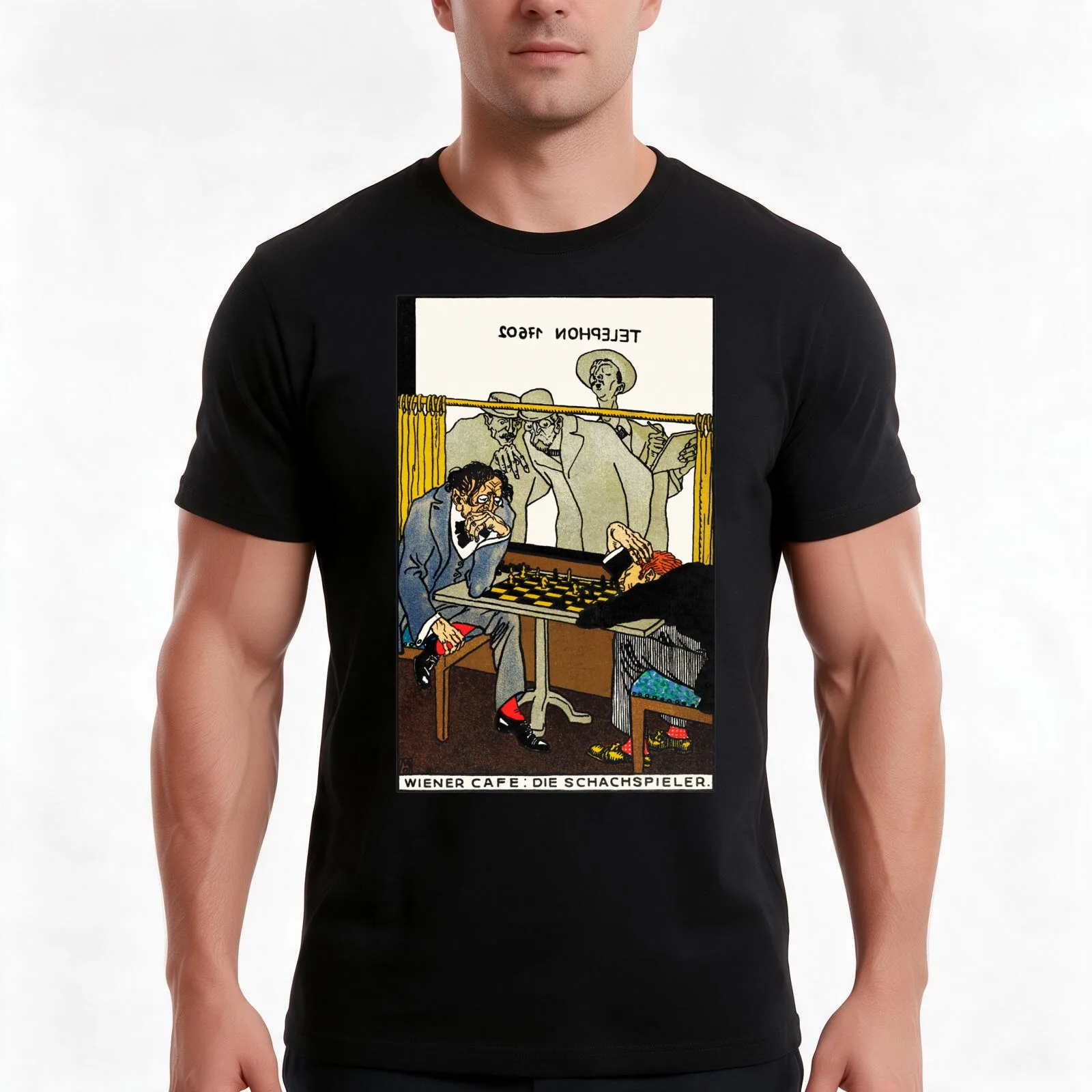 Viennese Café: The Chess Players Illustration by Moriz Jung T-Shirt Summer Casual Cotton Tee Oversized Streetwear Tops