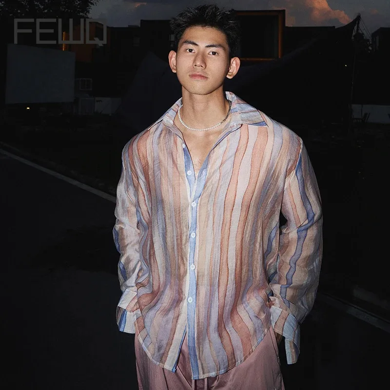 

FEWQ Summer Men Casual Loose Thin Design Long Sleeve Shirt 2024 Contrast Color High Street Male Tops Fashion 24E1872