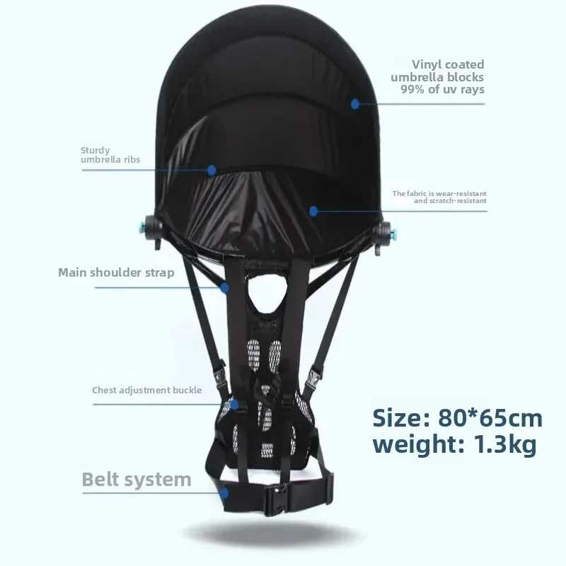 Black Coating Backpack Umbrella Hands-Free UV Sun Parasol for Hiking, Windproof All-Weather Folding Umbrella with Backpack Cover
