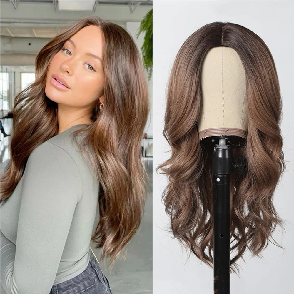 HENRY MARGU Honey Brown Synthetic Wigs Natural Wavy Wig for Women Ombre Brown Daily Soft Hair High Temperature Fiber Party Use