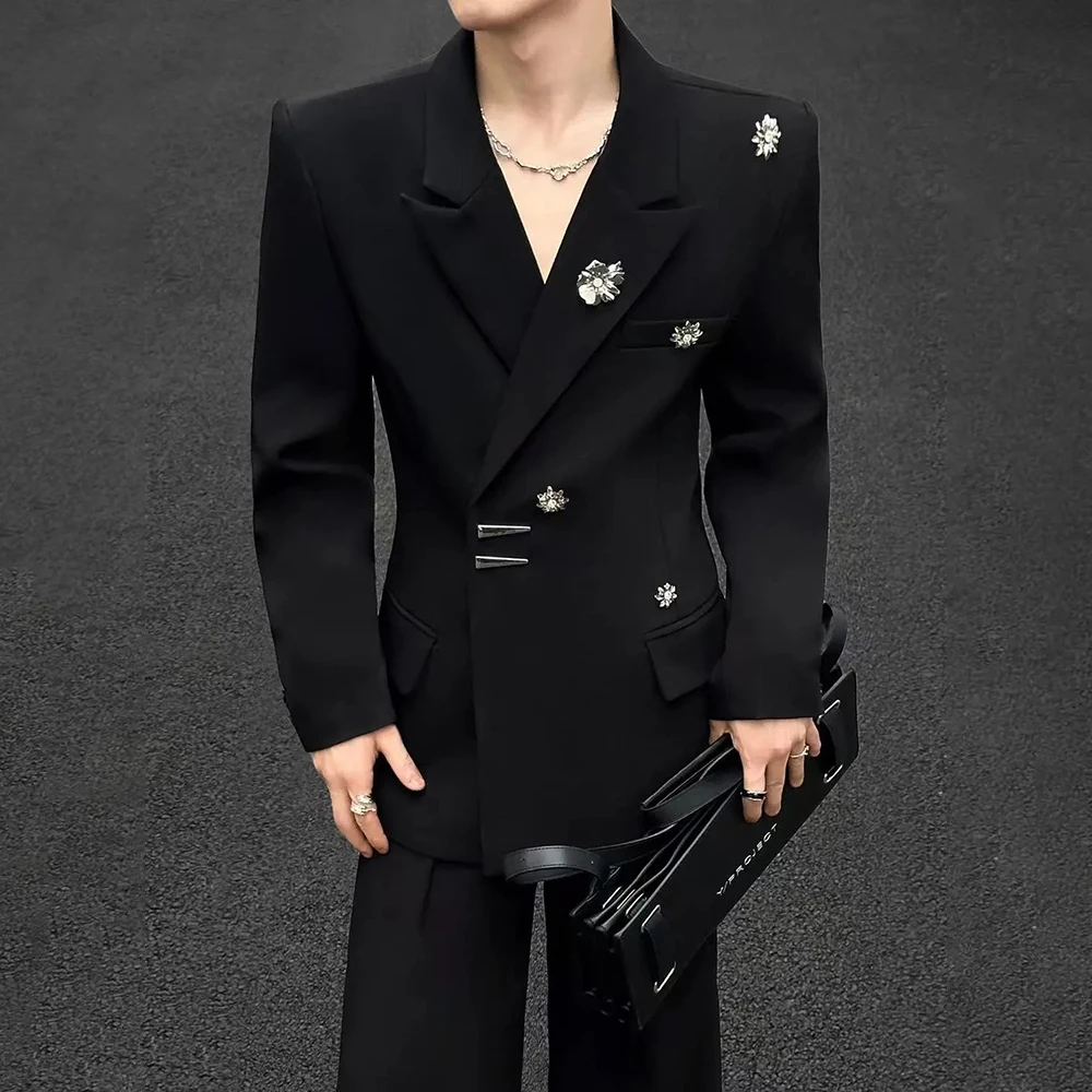 Mens Metal Padded Shoulder Casual Suit Jacket Streetwear Fashion Nightclub British Youth Outdoor Versatile Jacket Men'S Clothing
