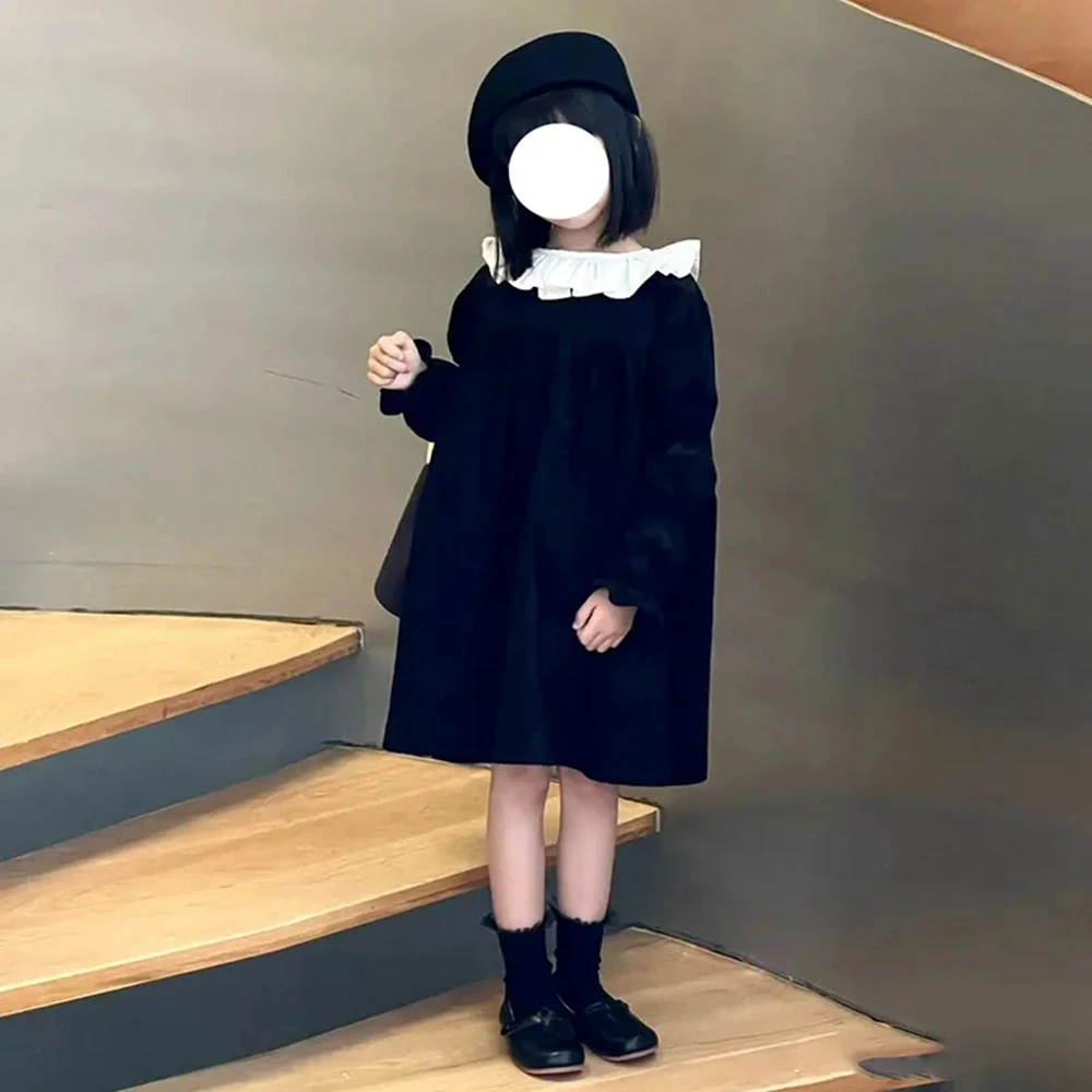 3-12 Years Kids Corduroy Dresses for Girls Black Loose Casual Dress Toddler Children Fall Princess Dress Girl Full Outfits 6 8 9