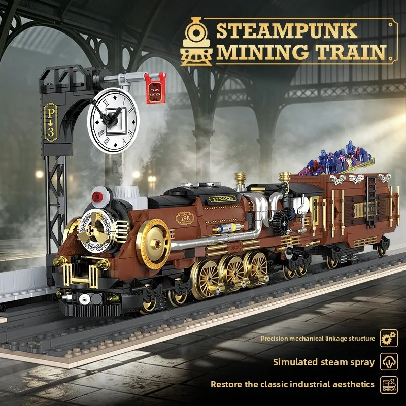 Vintage Steam Punk Machinery Ore Train Building Block Model with Motor Spray Train Model Building Block Assembly Toy