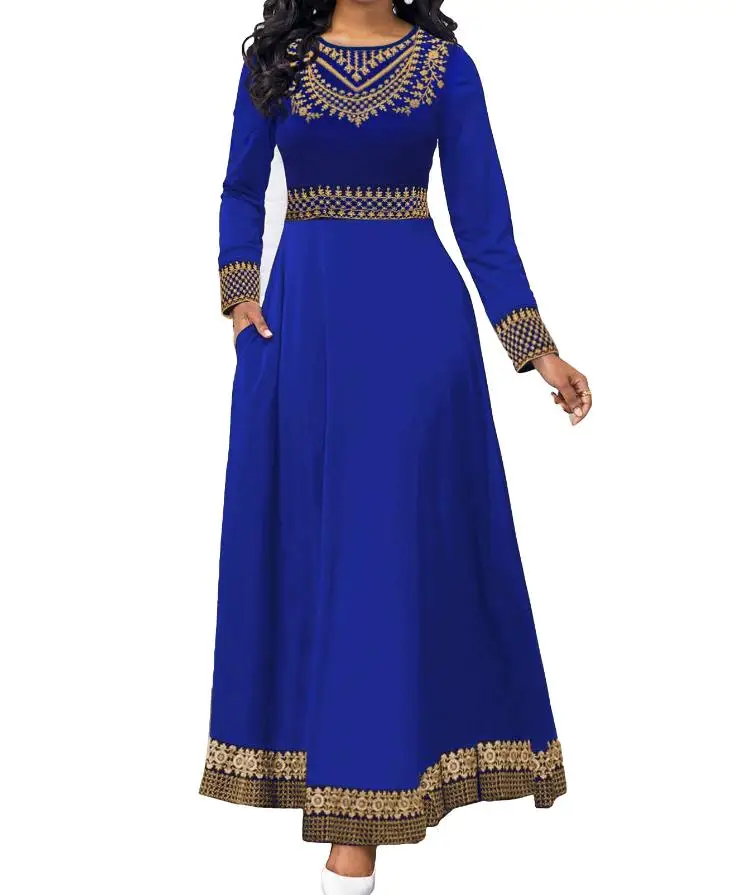 

European and American 2026 Summer New Women's Round Neck Vintage Print High Waist Long Sleeve Large Swing Fashion Long Dress