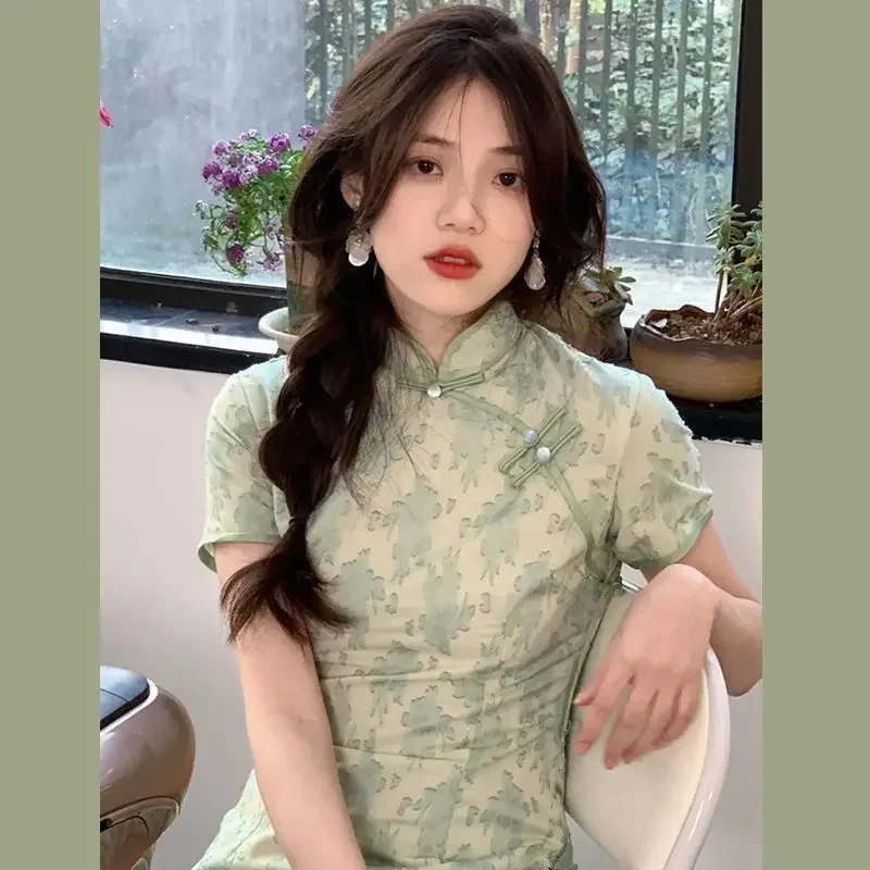 

Cheongsam, новинка 2023 года, летнее повседневное носимое платье в китайском стиле с короткими рукавами в стиле ретро для молодых девушек, M-3XL