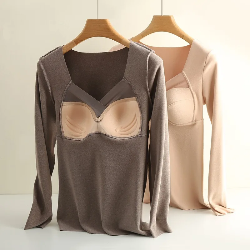 Winter Thermal Underwear Tops For Women Long Sleeve Sexy V Neck With Fixed Cup Warm Plush Lingerie Female Seamless Thermal Shirt