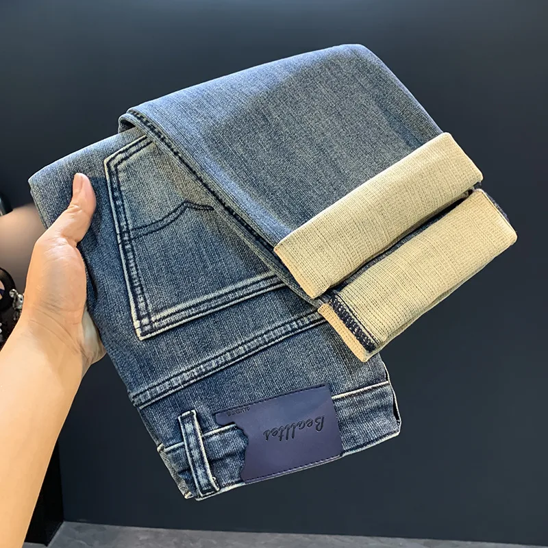 

Свободные прямые джинсы мужские, осень 202, новый стиль, американский уличный модный бренд, эластичные универсальные повседневные длинные брюки