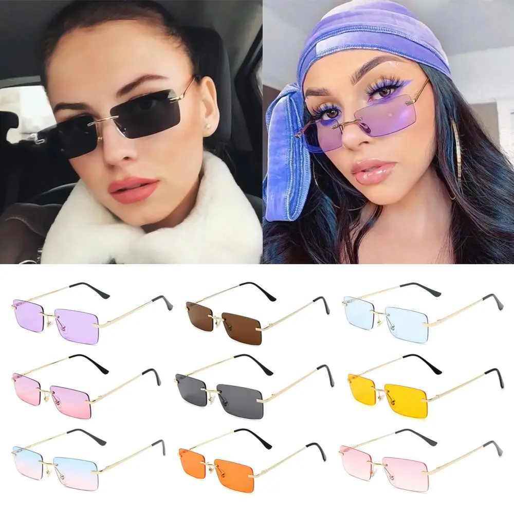 Unisex UV400 Retro Kleine Rechteck Randlose Sonnenbrille Frauen Vintage Sonnenbrille Farbverlauf Gläser