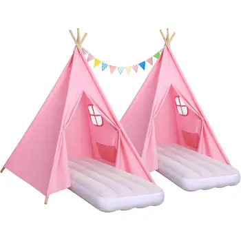 Růžový stan s teepee na spaní pro děti - 2 kusy, nafukovací domeček s osvětlením, vlajkou a matrací - skládací pro použití uvnitř i venku 8 nejlepší prodej týpí pro děti - №4
