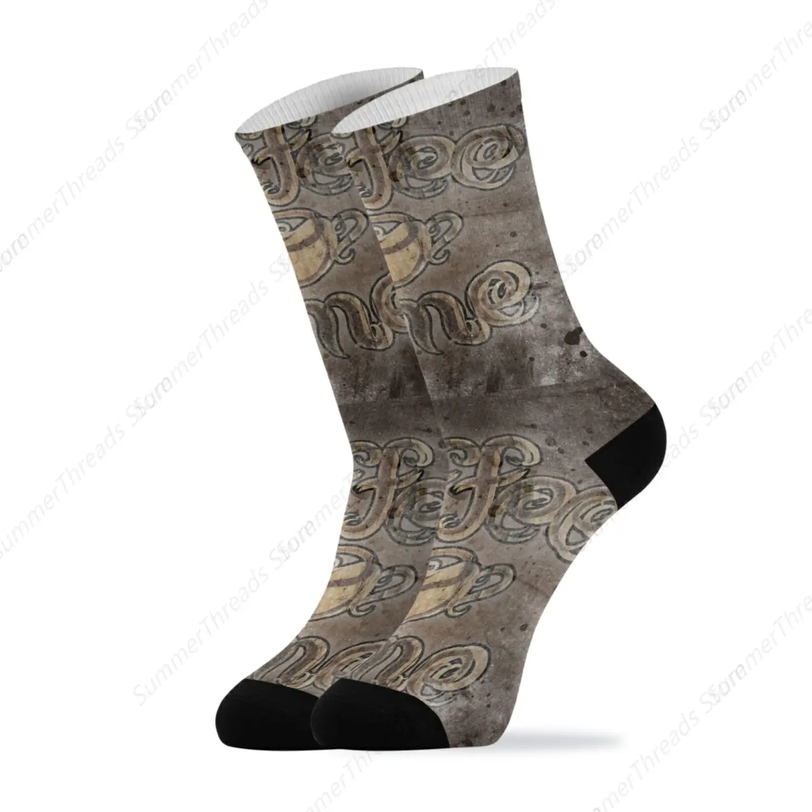 Retro Style Coffee Time Lettering on Vintage Background Unisex Long Casual Socks Athletic Crew Socks for Women Men