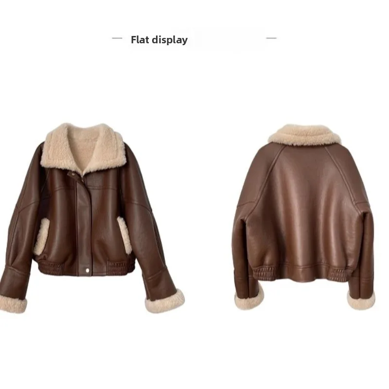 

Women's Thiened Leather Fur Inteated Jaet Loose Motorcycle Sle Autumn Winter New Arrival Warm Sweet Cool Top