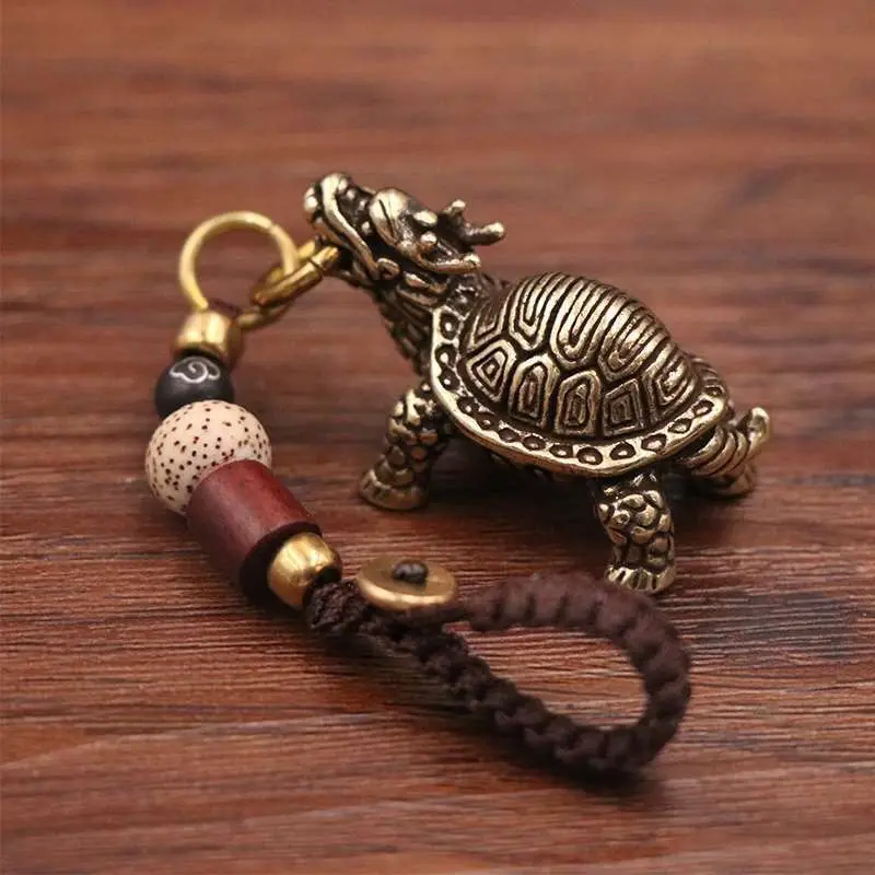 Brass Dragon Turtle Keychain Figurine Mini Myth Beast Statue with Beaded Rope Pendant Bag Key Ring Decor Collectible Craft Gift