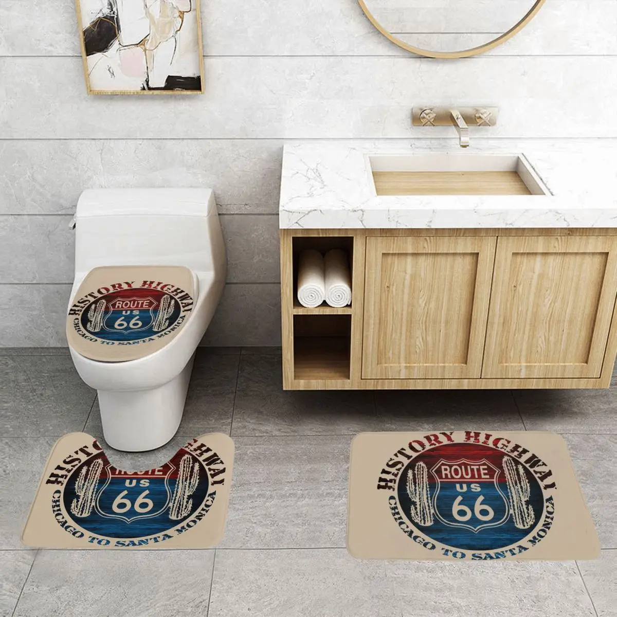 Custom Route 66 The Great America Road Vintage Trip Perfect Gifts 3 Pieces Bathroom Rugs Set Non-Slip Toilet Bath Mat Sets