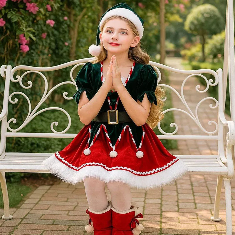 أزياء عيد الميلاد للأطفال فستان سانتا كلوز للفتيات حفلة عشية عيد الميلاد مع حزام قبعة للأطفال بدلة شتوية قطيفة للعطلات