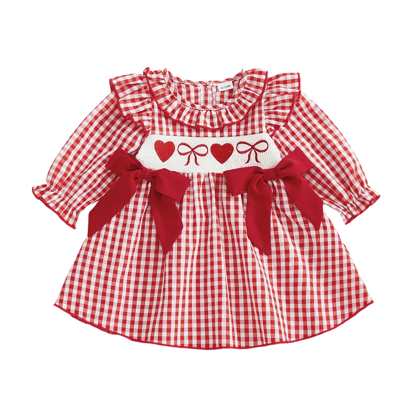 

Toddler Girls Valentine s Day Dress Heart Bow Embroidery Long Sleeve Ruffled Round Neck Plaid Dress