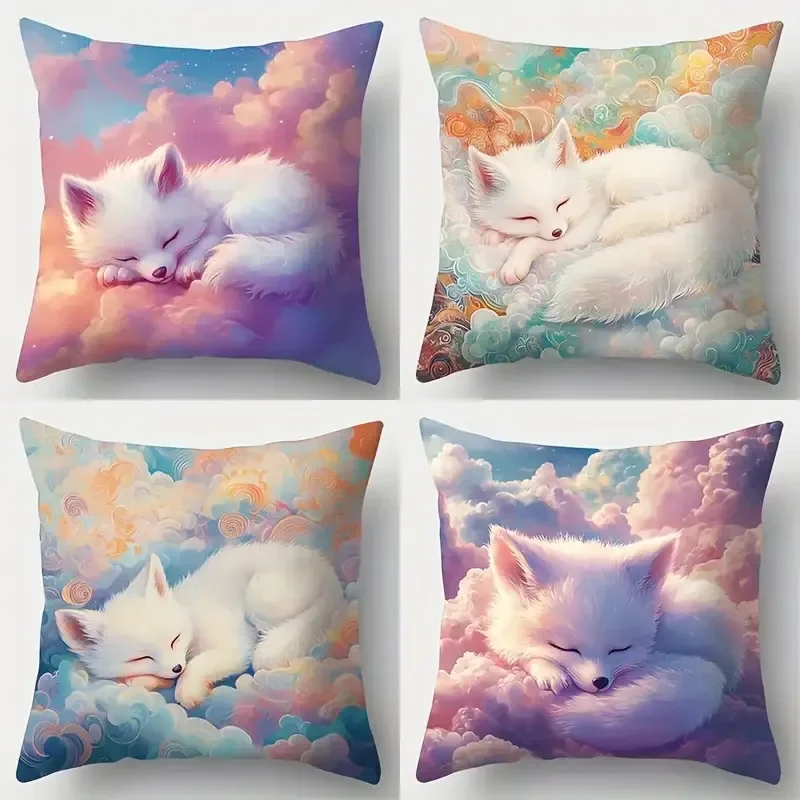 Set of Four Throw Pillow Covers Featuring Sleeping White Fox in Dreamy Cloudscape Art for Living Room Decor