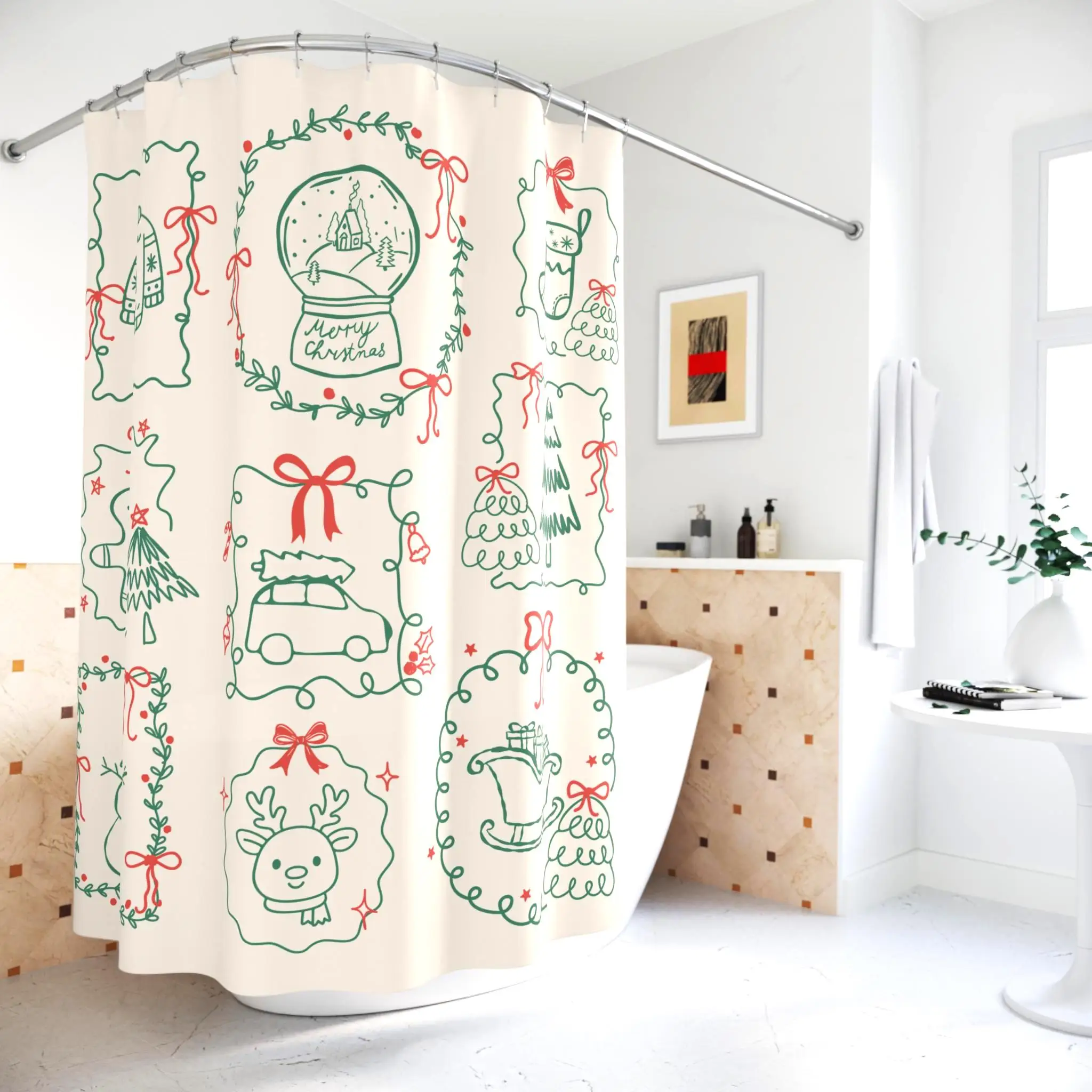 Cute Christmas Shower Curtain Holiday Bathroom Decor Festive Xmas Gingerbread Man Snowman Set