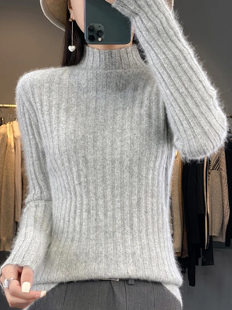 New Knit Womem's Cashmere Sweater Mock Neck Soft Warm Pullover 100% Mink Cashmere Knitwear Winter Female Casual Basic Clothing